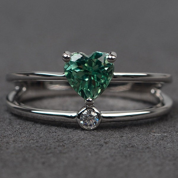 green sapphire ring white gold engagement ring heart cut green gemstone ring