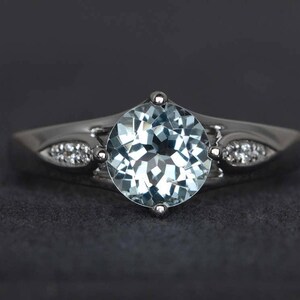 round cut aquamarine engagement rings blue gemstone sterling silver ring March birthstone ring
