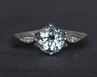 Anillos de compromiso con aguamarina de corte redondo, anillo de plata esterlina con piedra preciosa azul, anillo con piedra de nacimiento de marzo