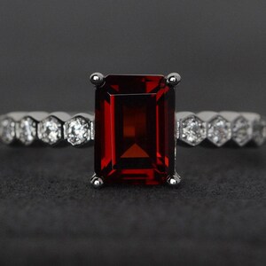 garnet ring emerald cut red garnet engagement ring silver red gemstone ring January birthstone ring