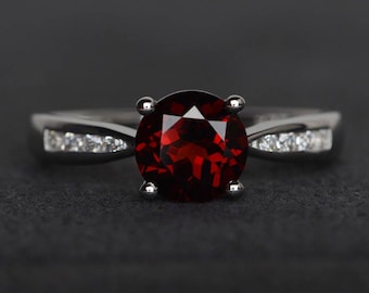 round cut garnet ring red gemstone ring garnet engagement ring anniversary gift January birthstone