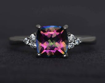 mystic topaz engagement ring rainbow topaz ring cushion cut promise ring sterling silver ring gemstone ring