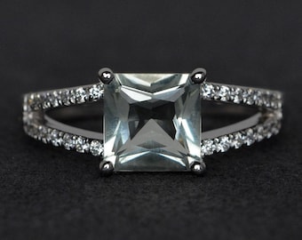 genuine green amethyst ring princess cut stunning ring gemstone rings split shank engagement ring silver