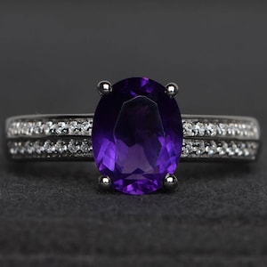 promise ring natural amethyst oval cut purple gemstone sterling silver ring February birthstone