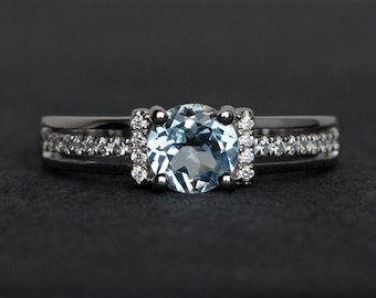 Anillo de aguamarina azul, anillos de compromiso, aguamarina natural de corte redondo, anillos de plata con piedra de nacimiento de marzo