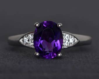 purple amethyst ring gemstone ring oval cut amethyst engagement ring sterling silver February birthstone ring