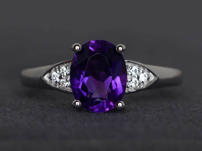 purple amethyst ring gemstone ring oval cut amethyst engagement ring sterling silver February birthstone ring image 1