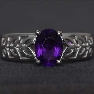 Anillo de bodas, amatista natural, anillo de plata esterlina, anillo solitario, corte ovalado, anillo con piedra natal de febrero, piedra preciosa morada