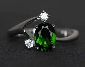chromdiopsid ring oval diopsid verlobungsring verlobungs ring Sterling silber edelstein ring drei stein ring
