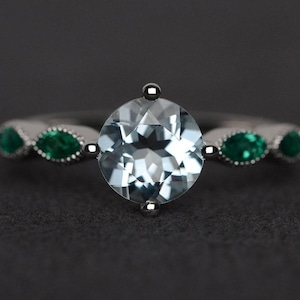 aquamarine ring silver engagement ring March birthstone ring anniversary promise ring round cut