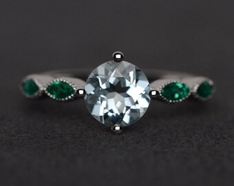 Anillo de aguamarina, anillo de compromiso de plata, anillo con piedra de nacimiento de marzo, anillo de promesa de aniversario, corte redondo