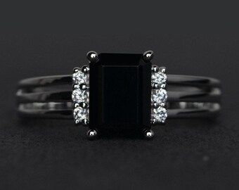 natural black spinel ring silver emerald cut black ring black gemstone ring party ring