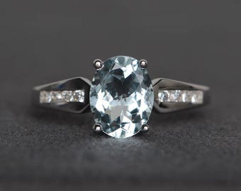 blue  gemstone anniversary ring natural aquamarine sterling silver ring oval cut March birthstone ring