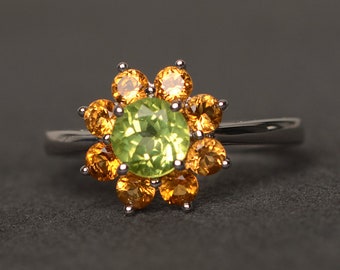 peridot ring citrine ring sterling silver round cut halo ring green engagement ring flower ring engagement ring August birthstone