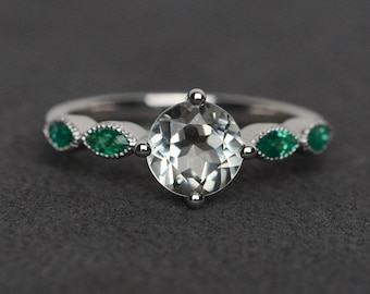 Anillo de amatista verde, anillo de compromiso, joyería de plata, anillo de cristal verde de corte redondo
