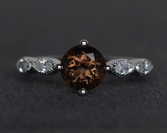 round cut smoky quartz ring sterling silver engagement rings prong setting gemstone ring