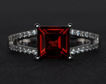 genuine garnet rings silver split shank red garnet ring engagement ring promise ring square cut garnet ring January birthstone