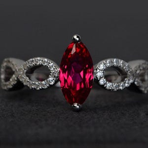 red ruby ring silver engagement ring marquise cut red gemstone ring July birthstone ring
