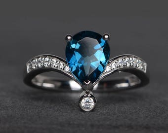 promise ring London blue topaz ring pear cut gemstone sterling silver ring