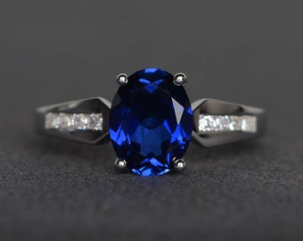 lab blue sapphire ring wedding ring oval cut gemstone sterling silver ring September birthstone ring