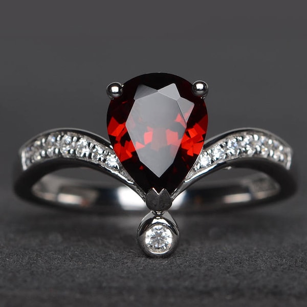 natural red garnet ring anniversary ring January birthstone pear cut red gemstone sterling silver ring