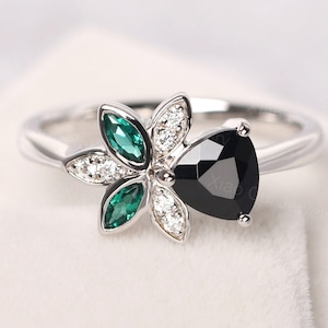custom black spinel and emerald ring trillon cut cluster flower promise ring for women