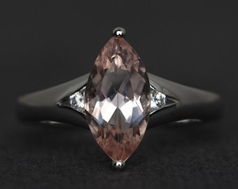 morganite ring engagement ring for women sterling silver marquise cut three stone ring pink gemstone