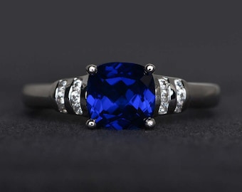 sapphire ring cushion cut ring blue sapphire engagement ring blue gemstone ring sterling silver ring September birthstone ring
