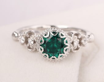 antique emerald ring unique filigree anniversary ring round shaped silver May birthstone ring