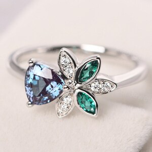 trillion cut cluster alexandrite ring sterling silver unique flora engagement ring June birthstone ring