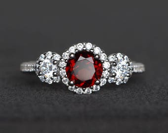 real natural garnet ring promise ring round cut red gemstone January birthstone sterling silver ring