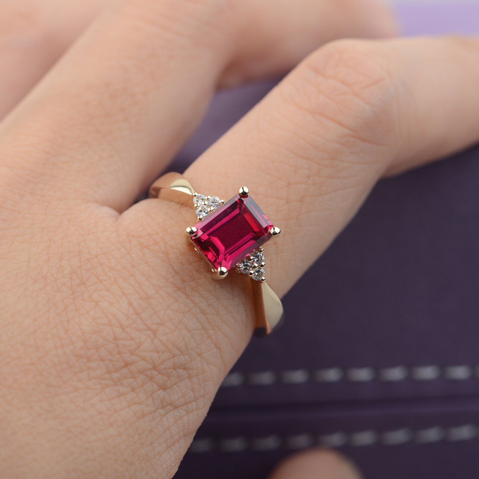 Ruby ring yellow gold engagement ring emerald cut ring gold | Etsy