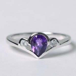 amethyst ring pear cut gemstone rings February birthstone ring sterling silver ring