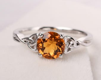 solitaire citrine ring sterling silver celtic knot ring round shaped 1.25 carat wedding ring