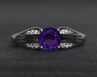 engagement ring natural amethyst ring February birthstone ring round cut purple gemstone sterling silver ring