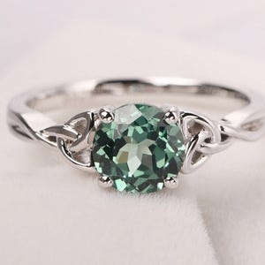 round shaped 7 mm green sapphire ring sterling silver celtic knot ring unique anniversary ring