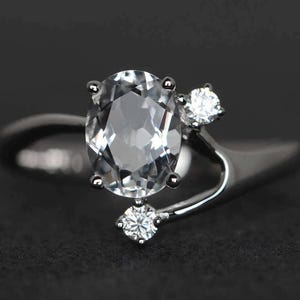 natural white topaz ring oval cut gemstone ring sterling silver white topaz engagement ring promise ring three stone ring