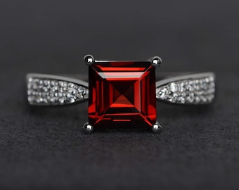 garnet ring square cut wedding engagement ring red gemstone ring silver ring January birthstone ring