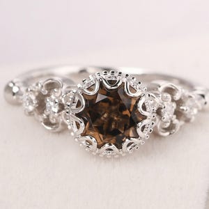 round cut smoky quartz ring solid silver vintage milgrain engagement ring for women