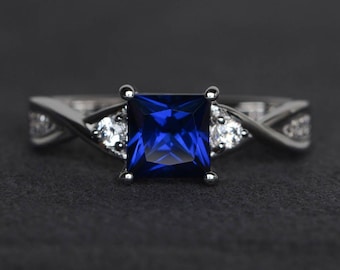 princess cut sapphire ring blue sapphire engagement ring sterling silver ring blue gemstone ring September birthstone