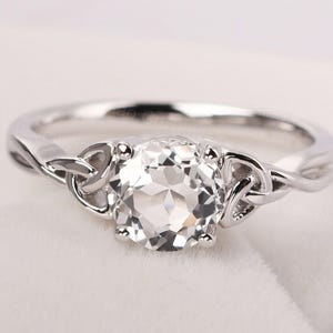 natural white topaz engagement ring round cut celtic knot ring sterling silver November birthstone ring