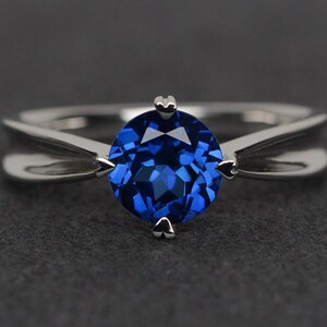 blue sapphire ring round cut prong setting silver promise ring blue gemstone ring September birthstone ring engagement ring
