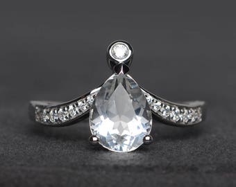 natural white topaz ring wedding ring pear cut gemstone sterling silver ring
