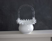 Vintage Fenton glass silver crest basket, mini glass basket or candy dish, vintage milk glass with scalloped edge