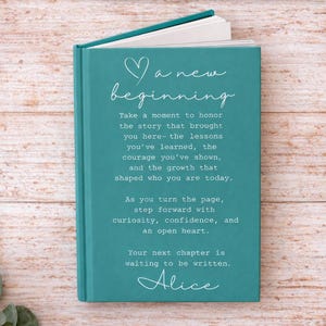 Könnte beinhalten: Ein türkisfarbenes Notizbuch mit weißer Schrift, darunter "A new beginning". Das offene Buch zeigt leere Seiten. Das Buch liegt auf einer hellen Holzoberfläche. Der Text ermutigt zur Reflexion und zum Blick nach vorn. Eukalyptusblätter sind zu sehen.