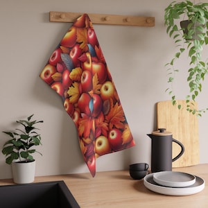 Fall apples leaves kitchen towel tea towel, autumn kitchen decor, seasonal farmhouse dish towel thanksgiving towel hostess housewarming gift