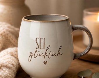 Personalisierte Tasse mit Wunschtext | Keramiktasse mit Lasergravur | Motivationsbecher | Kaffeetasse Steinzeug | 400ml