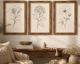 Botanische Wandbilder Set 3er | Blumen Line Art Poster | Digitaler Download PNG | Vintage Blumen Print | Boho Wanddeko | Sofort Download