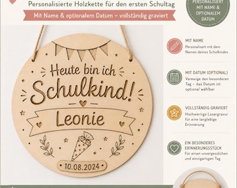 Personalisierte Einschulungskette aus Holz | Endlich Schulkind! | Geschenk zur Einschulung | Name & Datum | Erinnerung