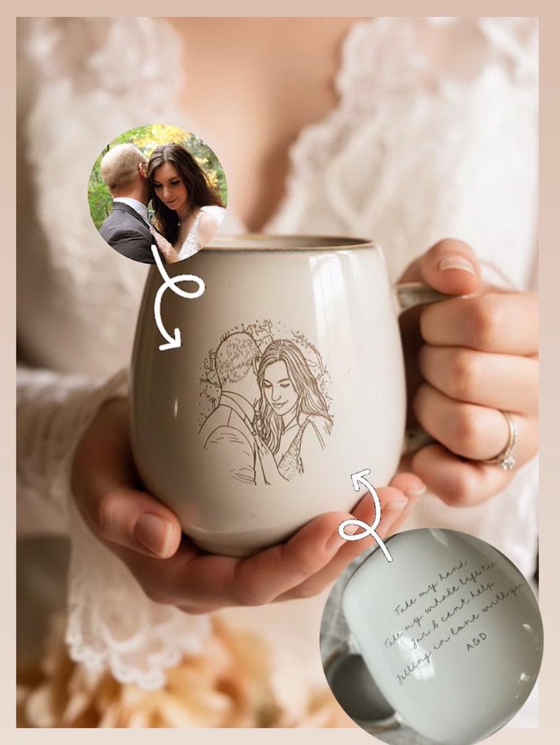 May include: A beige ceramic mug featuring a brown line-art illustration of a couple on the front. A circular inset shows the original photograph used for the drawing. A second inset displays the interior bottom with the text: Take my hand, take my whole life too, for I can't help falling in love with you, A&D.